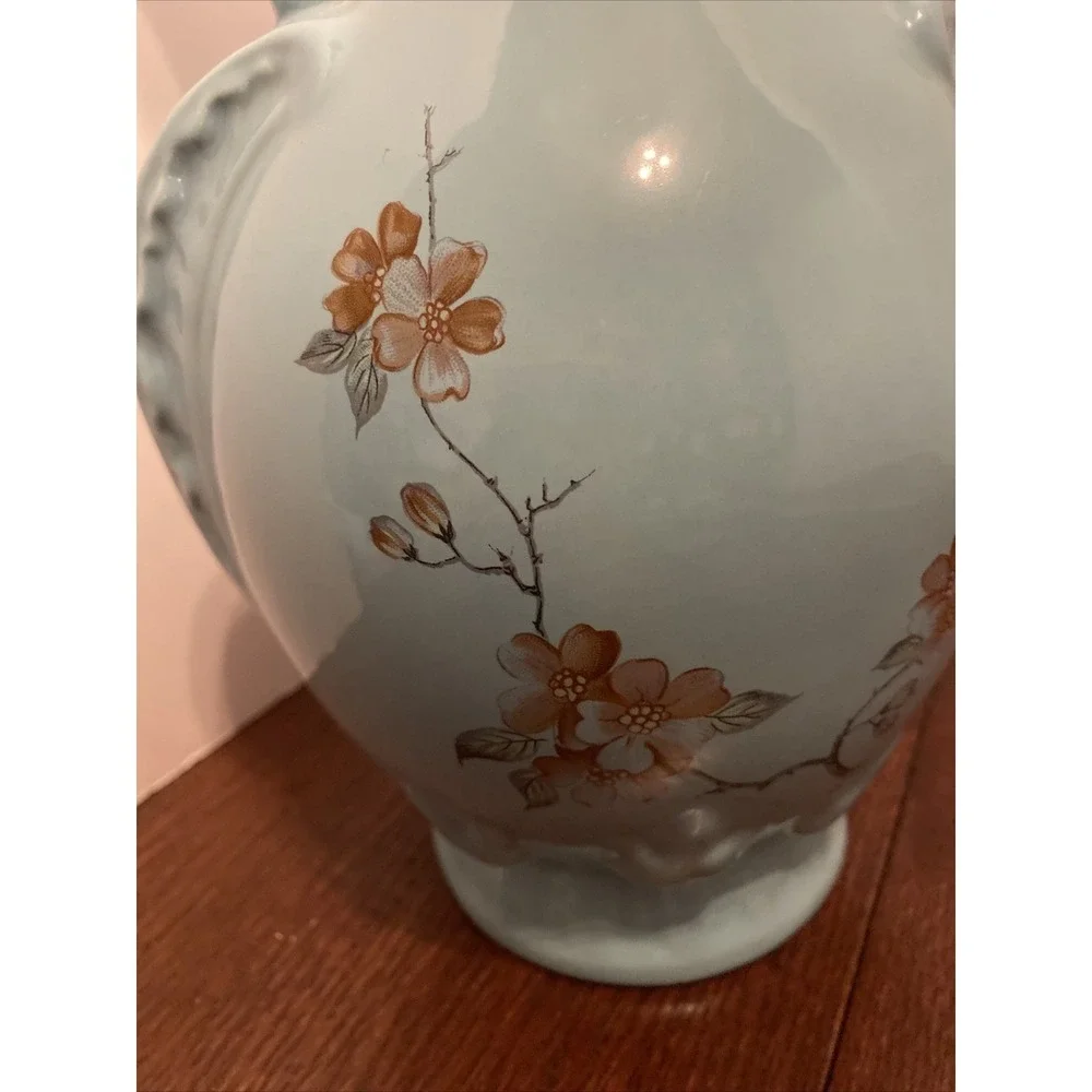 Vintage Art StudioPottery Vase Floral Hand Painted Dogwood Victorian‎ Style Teal